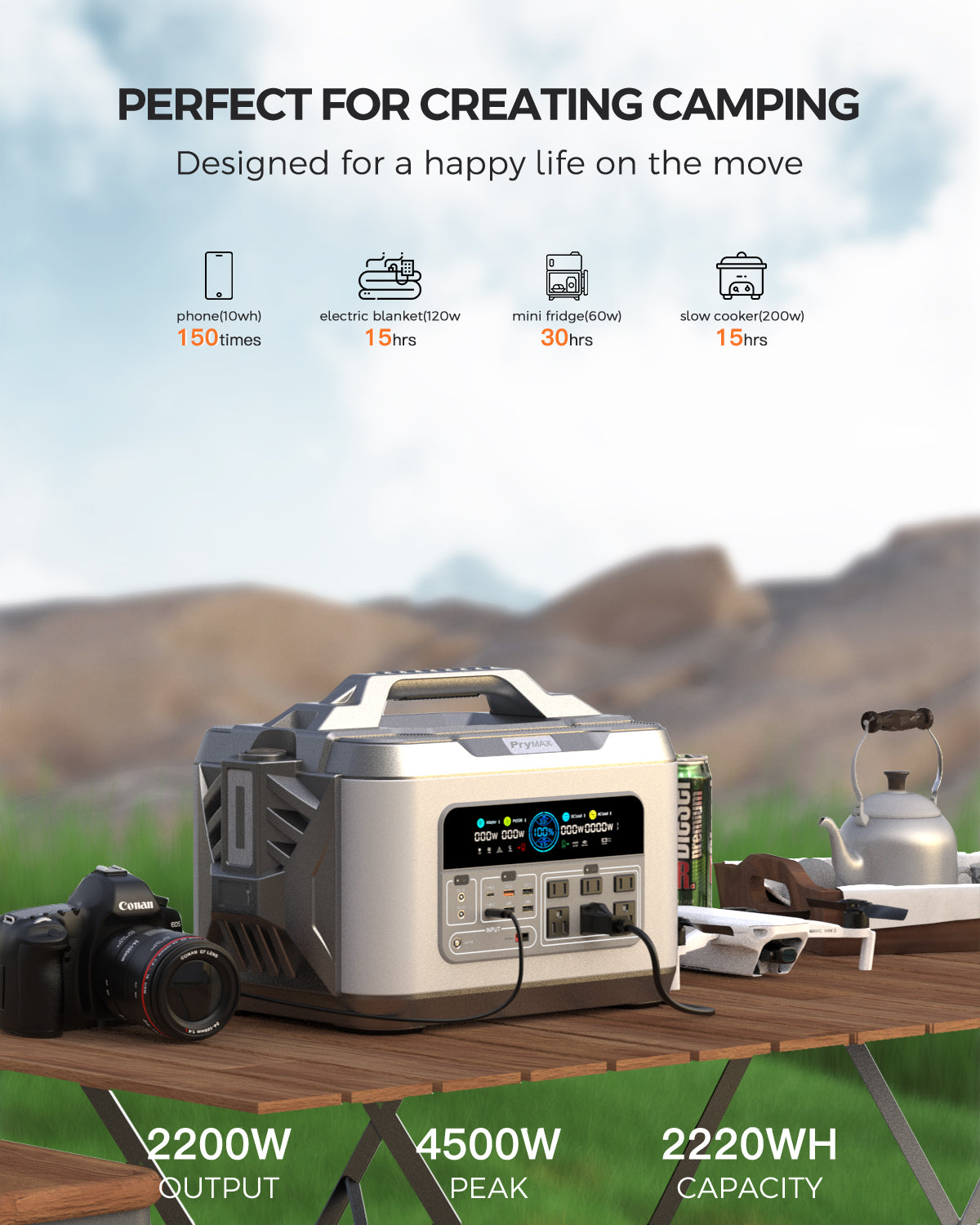 Portable Power Station, 2000W 2220Wh Solar Generator, Solar Input Backup Battery Pack for Van Home Emergency Outdoor Camping Explore