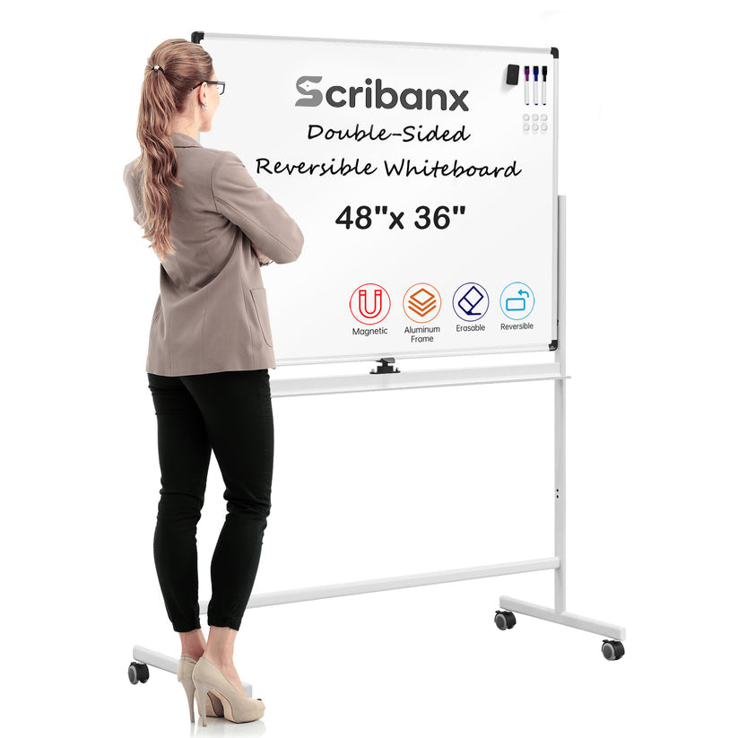 Scribanx 48''x36'' Mobile Magnetic Double-Sided Reversible Whiteboard Height Adjust