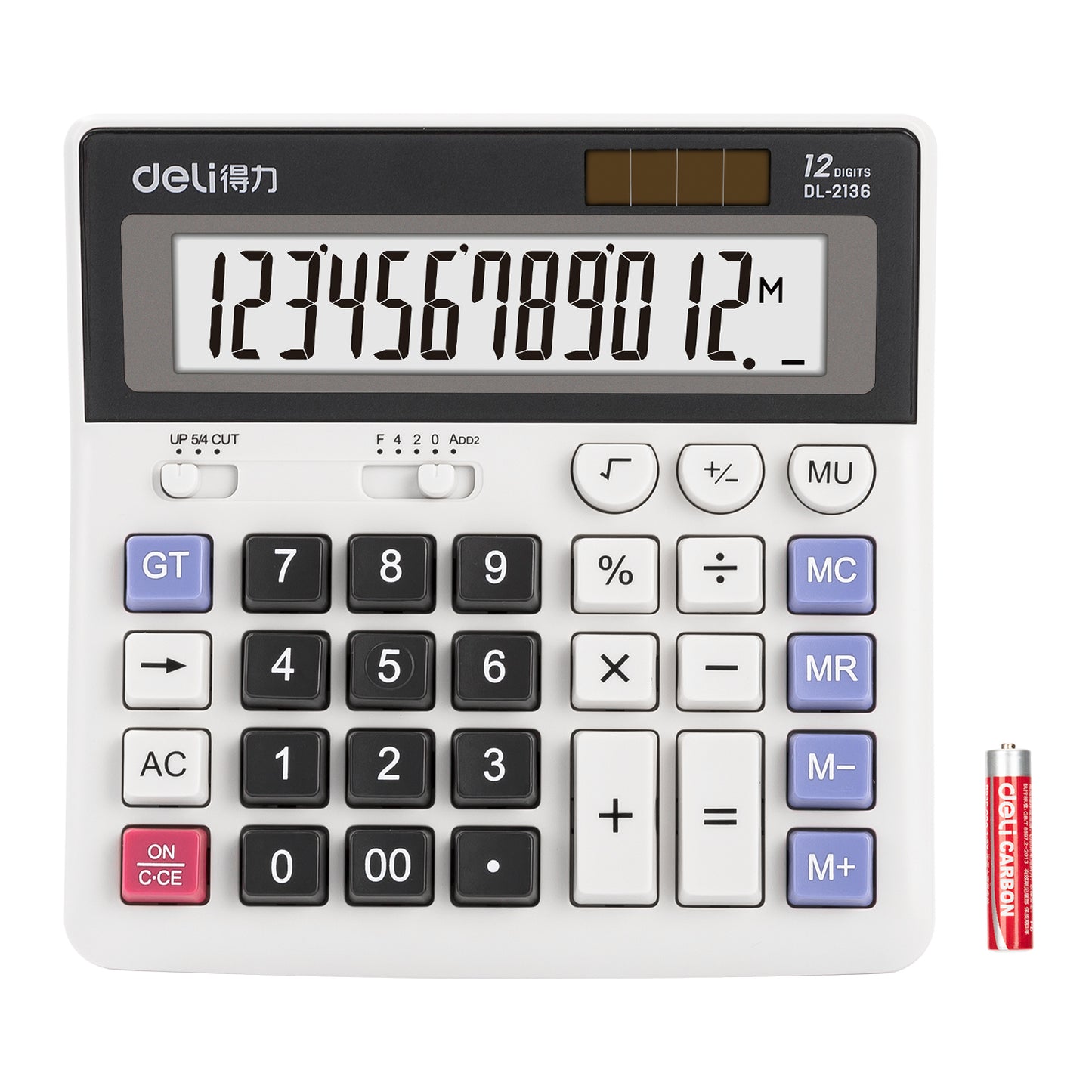 Deli 12-Digit Desktop Calculator, Dual Power, Extra Large LCD Display, White
