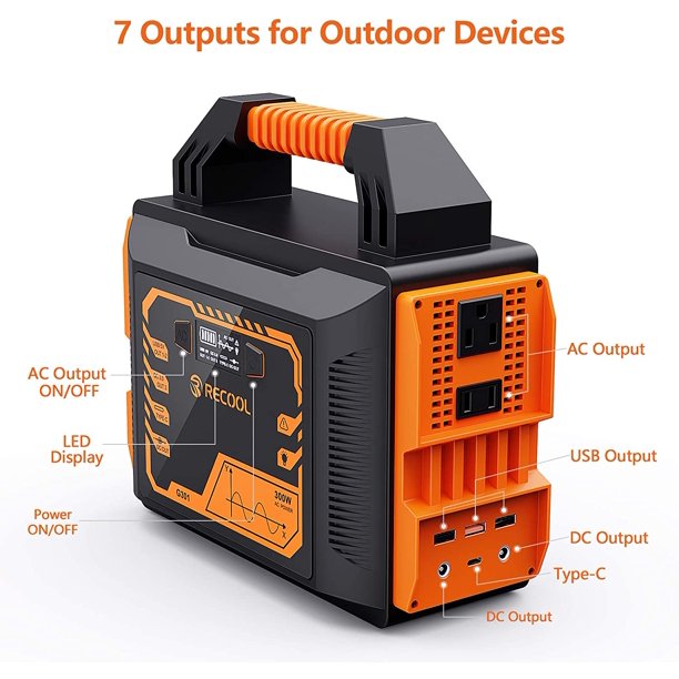 RECOOL Portable Power Station, 300W Travel Backup Home Emergency Rechargeable Lithium Battery Generator
