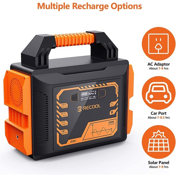 RECOOL Portable Power Station, 300W Travel Backup Home Emergency Rechargeable Lithium Battery Generator