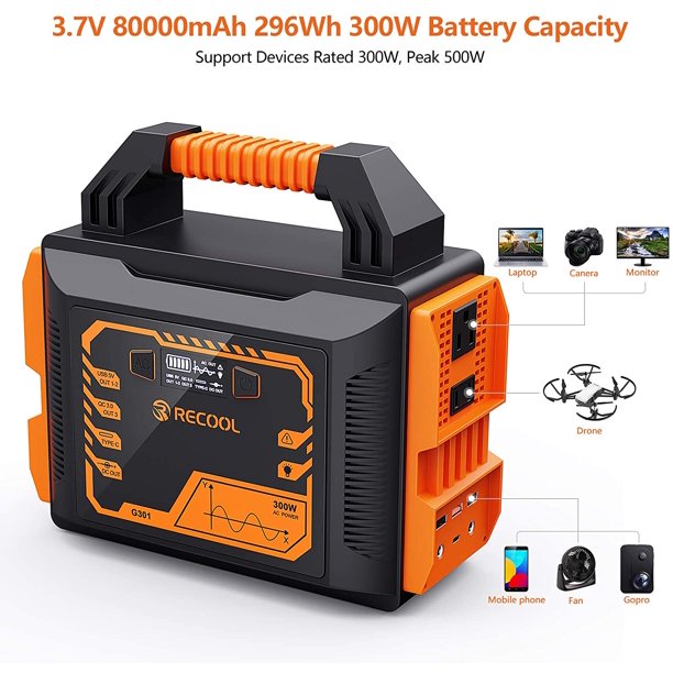 RECOOL Portable Power Station, 300W Travel Backup Home Emergency Rechargeable Lithium Battery Generator