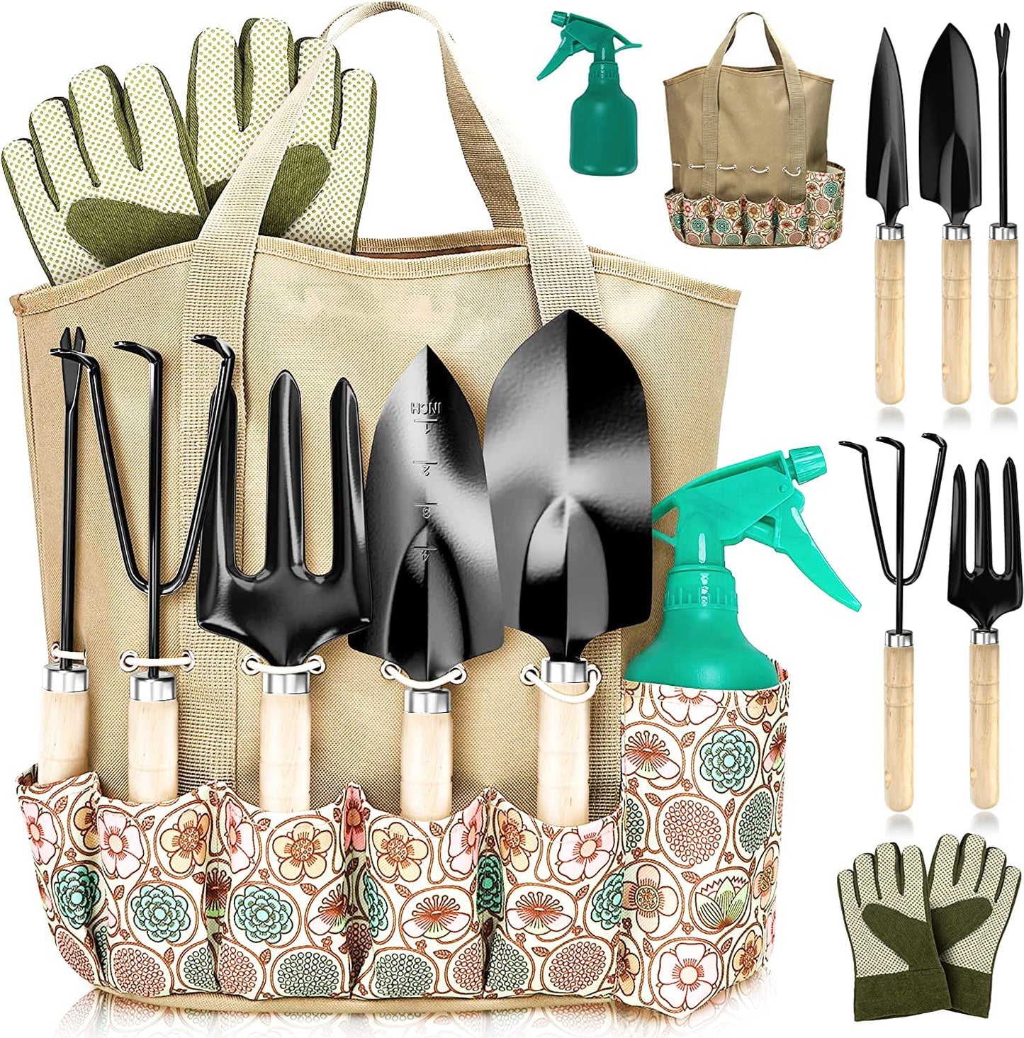 Deli Gardening Tools - Garden Tools Set Heavy Duty 9 Piece Perfect Gardening Gifts for Women All in 1 Gardening Kit Includes Digging Weeder Rake Shovel Trowel Sprayer Gloves Gift for Men Or Women