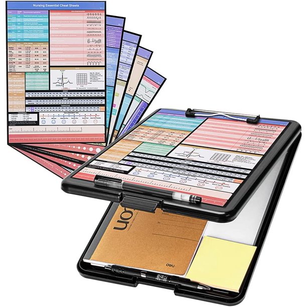 Clipboard with Storage, Deli Nurse Clipboard Clip Board Folder with 5 Quick Access Cheat Sheets for Nurses, Nursing Students, Doctors, Black