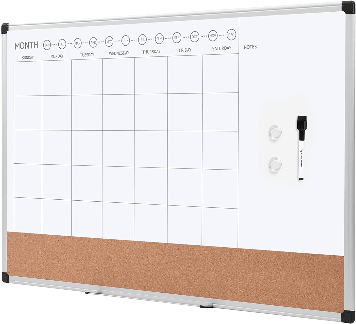 Deli Monthly Calendar Whiteboard Dry Erase and Cork Board, Silver Aluminium Frame, 24 x 36 Inches