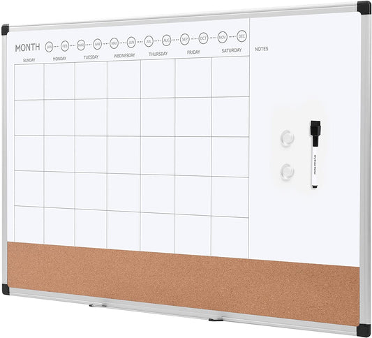 Deli Monthly Calendar Whiteboard Dry Erase and Cork Board, Silver Aluminium Frame, 24 x 36 Inches
