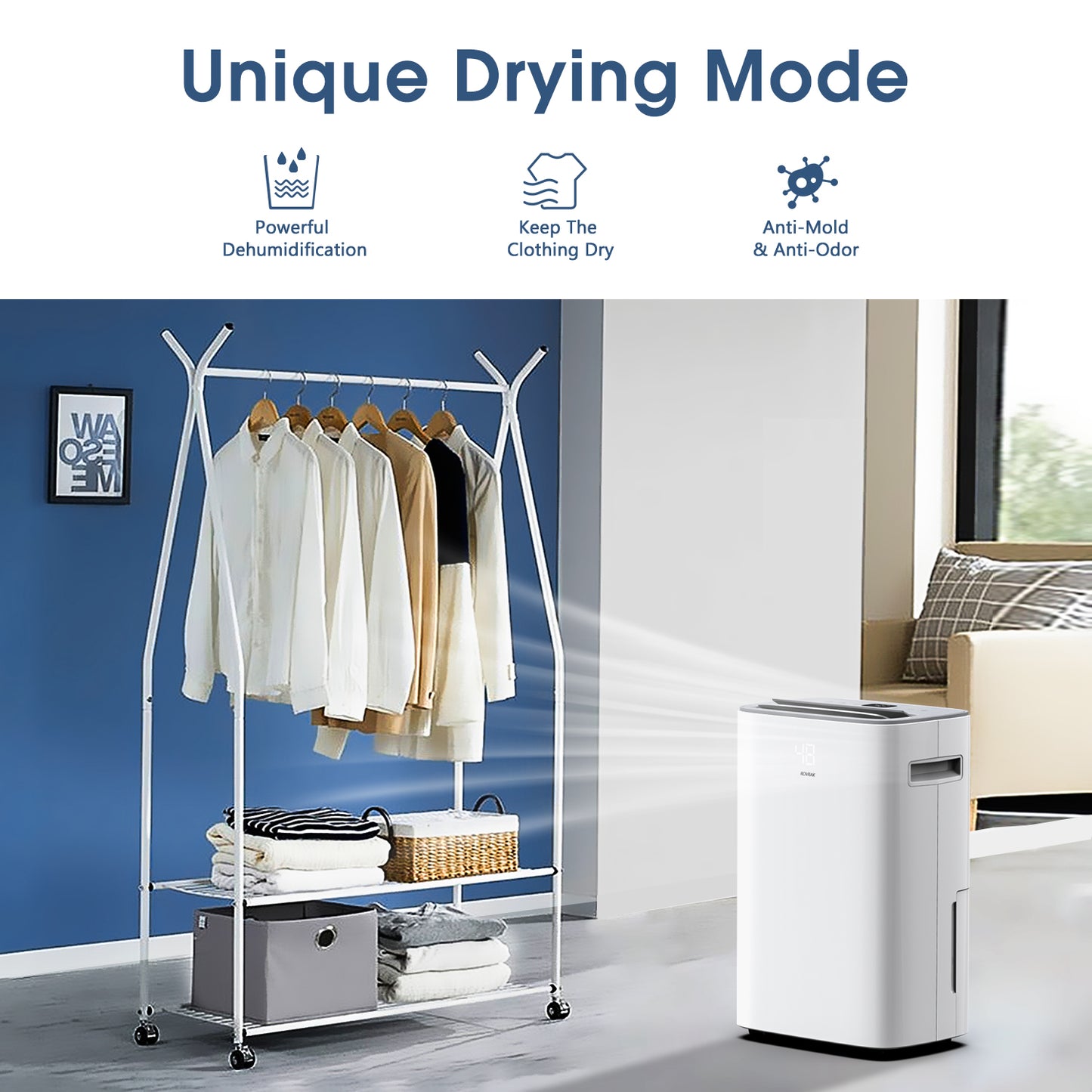 ROARAK 50 Pints 3500 Sq. Ft. Dehumidifier 3 Modes Adjustable Household Dehumidifier, with Auto or Manual Drainage and 0.66 Gallon Water Tank Capacity for Living Room Wardrobe Garage