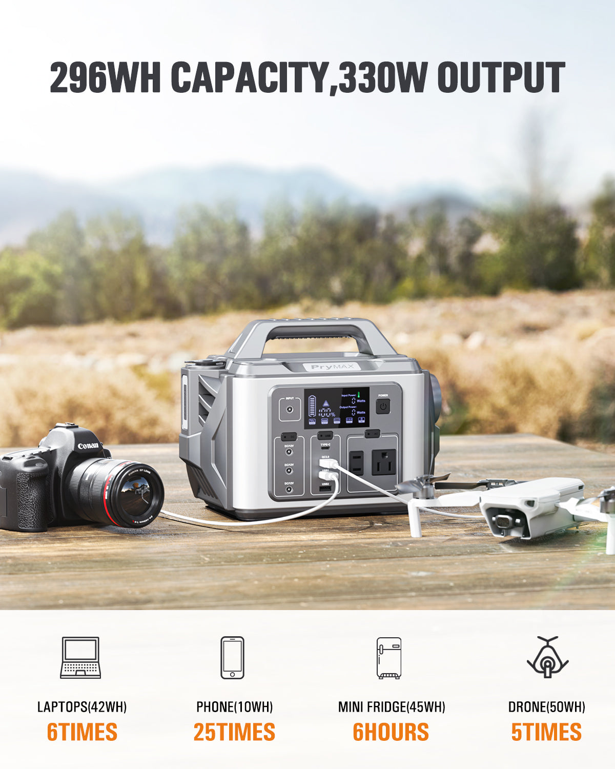 [M331] PryMAX  Portable Power Station 296Wh Solar Generator Backup Lithium Battery  with LED light, 110V/300W Pure Sine Wave AC Outlet, QC 3.0, for Outdoors Camping Travel Hurricane Blizzard Emergency