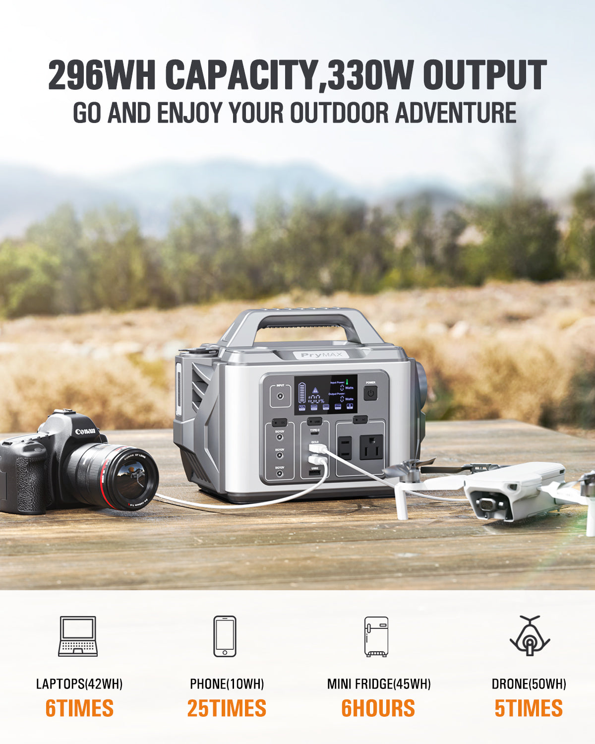 [M331] PryMAX  Portable Power Station 296Wh Solar Generator Backup Lithium Battery  with LED light, 110V/300W Pure Sine Wave AC Outlet, QC 3.0, for Outdoors Camping Travel Hurricane Blizzard Emergency