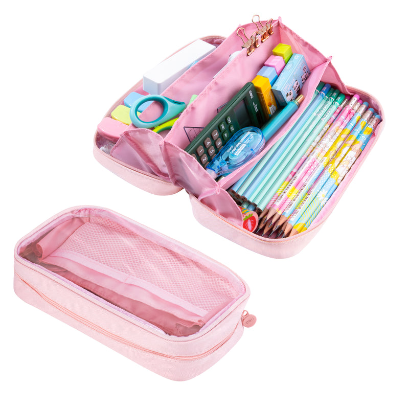 Deli Foldable Pencil Pen Case Big Capacity Pencil Pouch Large Pencil Bag Makeup Bag for Teen Boys Girls School Students, Pink