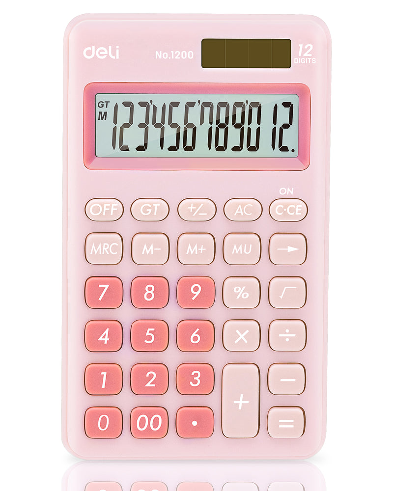 Deli Standard Function Basic Calculator, 12 Digit Desktop Calculator with Large LCD Display, Solar Battery Dual Power Office Calculator, Pink