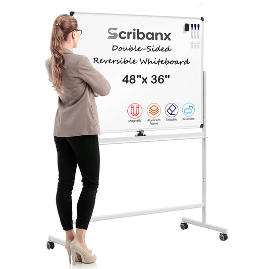 Scribanx 48''x36'' Mobile Magnetic Double-Sided Reversible Whiteboard Height Adjust