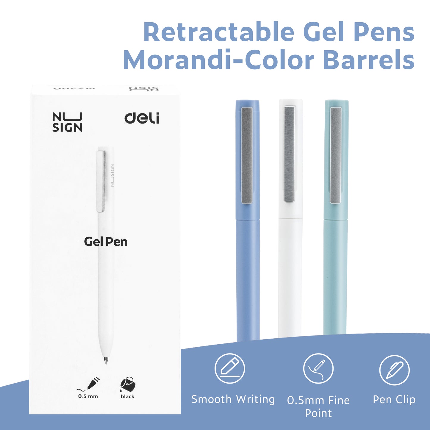"Deli Retractable Gel Pens , 0.5mm Fine Point Smooth Writing pens, Black Ink, 10 Count "