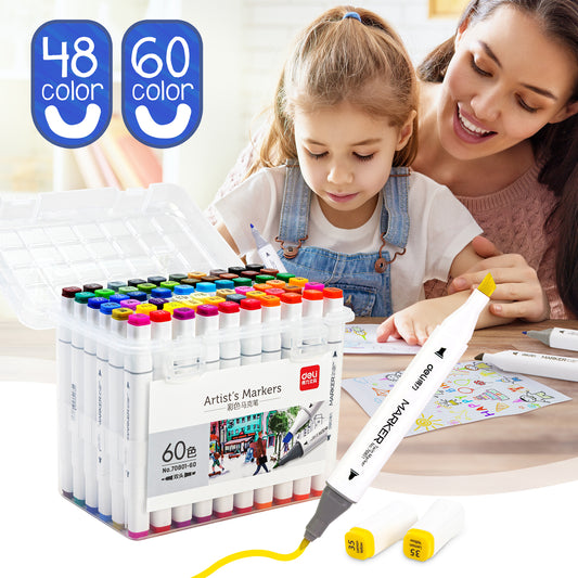 Deli 60 Colors Dual Tip Alcohol Markers, Art Markers Set Art Supplies Permanent Marker with Storage Box