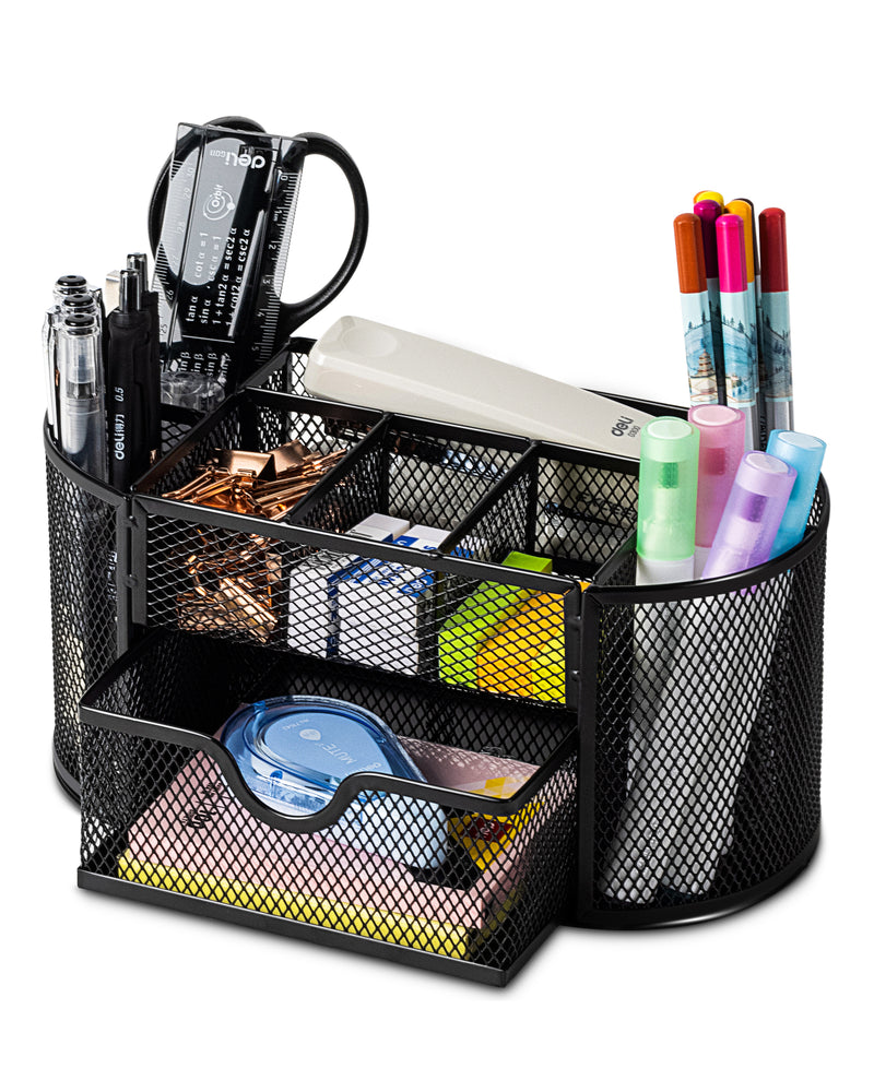 Mesh Desk Organizer with Drawer, 8 Compartments, Black