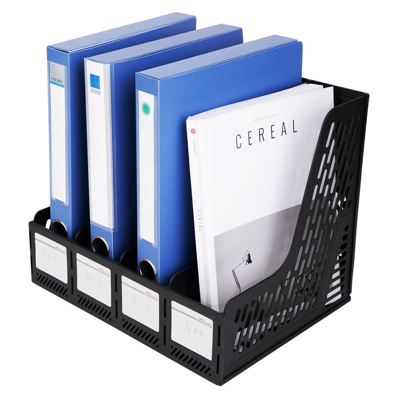 Deli Magazine File Book Holder Desktop Organizer, 4 Compartments, Plastics, Black