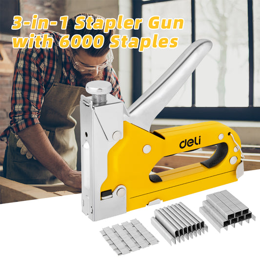 Deli Staple Gun, Heavy Duty Staple Gun, 3 in 1 Manual Nail Gun with 2400 Staples(D, U and T-Type), for Upholstery, Material Repair, Carpentry, Decoration, Furniture, DIY