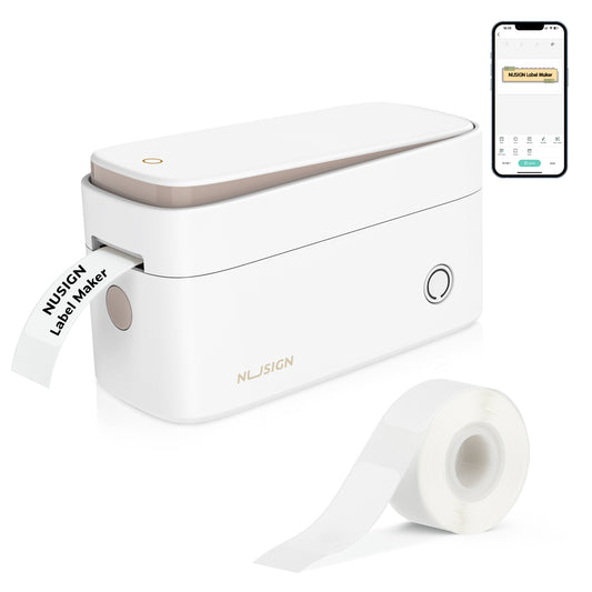 NUSIGN Label Maker Machine with Tape, Portable Bluetooth Label Printer, Wireless & Rechargeable Sticker Mini Label Makers with Multiple Templates Font Icon, White