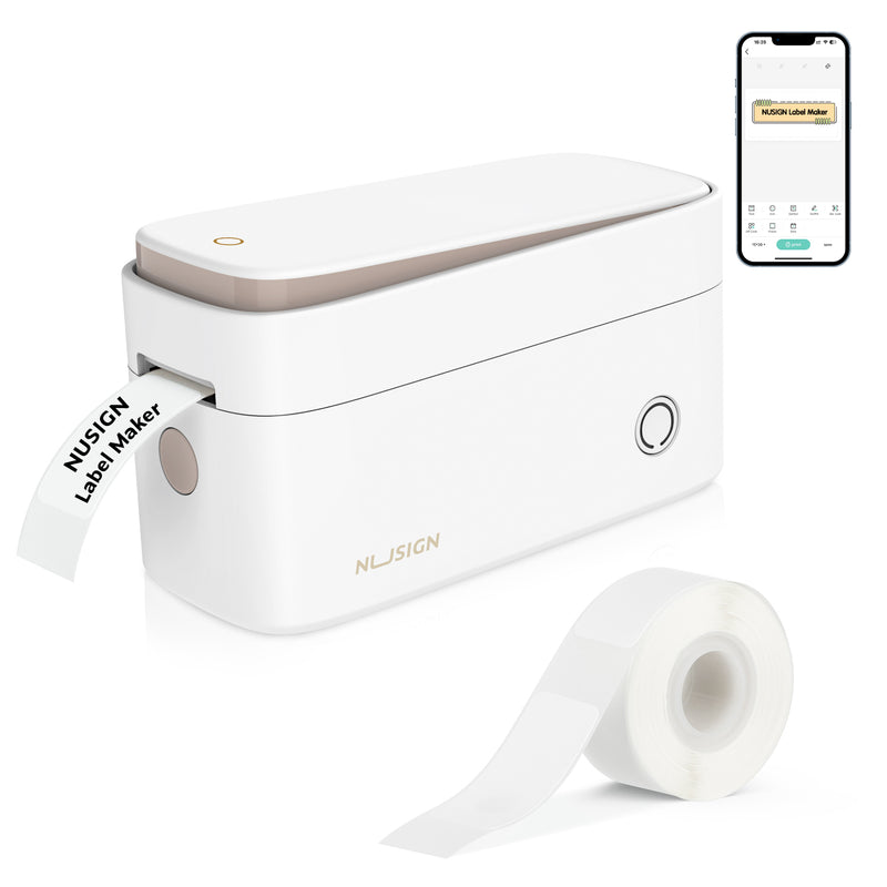 NUSIGN Label Maker Machine with Tape, Portable Bluetooth Label Printer, Wireless & Rechargeable Sticker Mini Label Makers with Multiple Templates Font Icon, White
