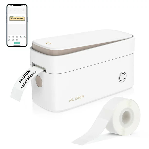 NUSIGN Label Maker Machine with Tape - Portable & Rechargeable Label Makers with Built-in Cutter.63 Waterproof Tape - Wireless Label Printer Compatible with Android & iOS Devices - White