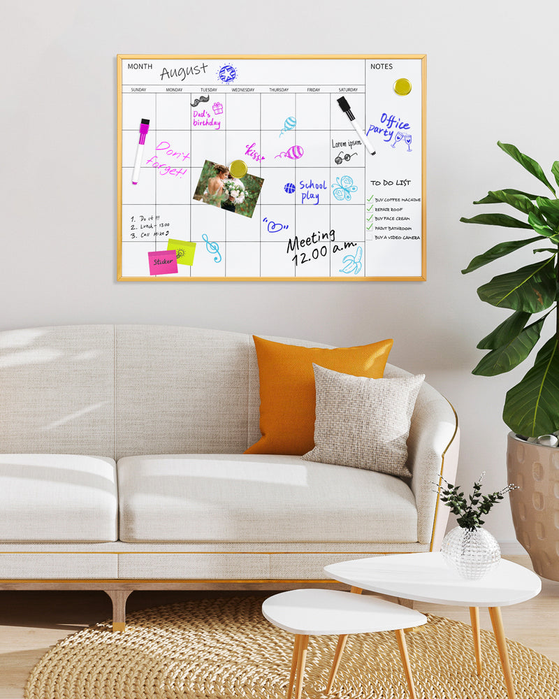 VUSIGN Magnetic Monthly Calendar Whiteboard, 17'' x 23'' Dry Erase Calendar for Wall Office School Home, Gold Wooden Frame