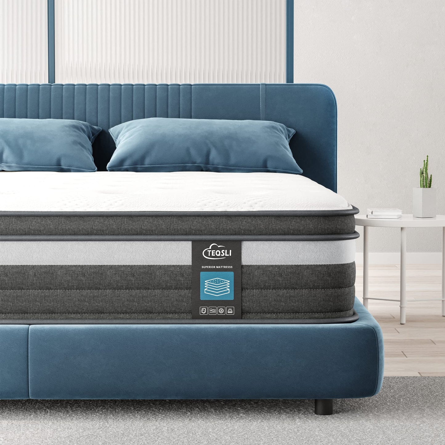 TEQSLI Gel Memory Foam and Pocket Innerspring Hybrid Mattress in a Box, Medium Firm, CertiPUR-US Certified, 100-Night Trial, 10-Year Warranty