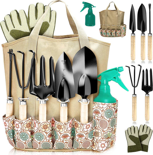 Deli Gardening Tools - Garden Tools Set Heavy Duty 9 Piece Perfect Gardening Gifts for Women All in 1 Gardening Kit Includes Digging Weeder Rake Shovel Trowel Sprayer Gloves Gift for Men Or Women