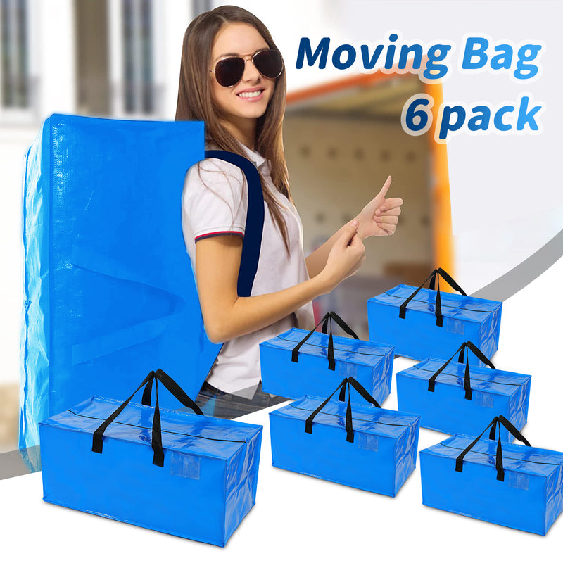 VUSIGN Moving Bags Heavy Duty Extra Large with Strong Handles Backpack Straps & Zippers,Blue Moving Totes,Packing Bags for Moving,Heavy Duty Storage Bags Compatible with Ikea Frakta Cart,6Pack