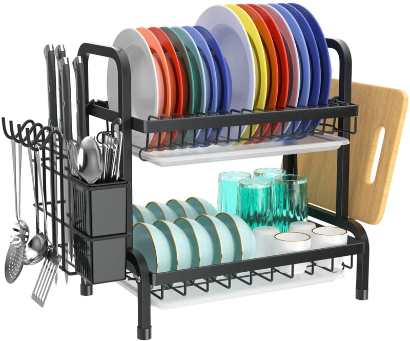 VUSIGN Dish Drying Rack with Drip Tray, 2 Tier Modern Large Dish Rack and Drainboard Set Dish Drainer for Kitchen Counter