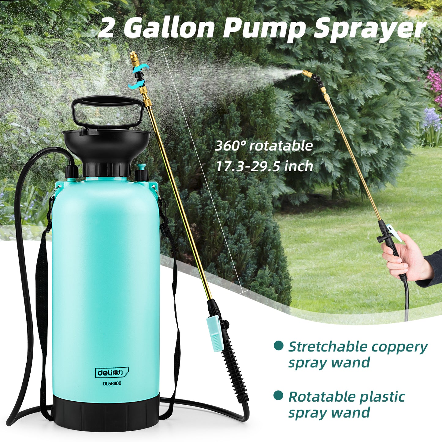 Deli 2-Gallon Pump Pressure Sprayer, Pressurized Lawn & Garden Water Spray Bottle with Adjustable Shoulder Strap, Pressure Relief Valve, for Spraying Plants, Garden Watering and Household Cleaning