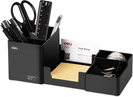 Deli Desk Organizer, Plastic Desktop Organizer with Pencil Holder and Sticky Note Tray, Office Stationery Supplies Organizers Accessories Caddy, 6 Compartments, Black