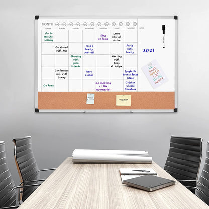 Deli Monthly Calendar Whiteboard Dry Erase and Cork Board, Silver Aluminium Frame, 24 x 36 Inches