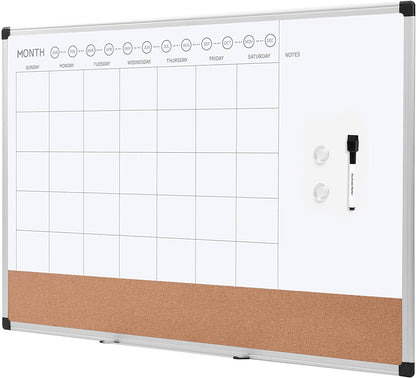 Deli Monthly Calendar Whiteboard Dry Erase and Cork Board, Silver Aluminium Frame, 24 x 36 Inches
